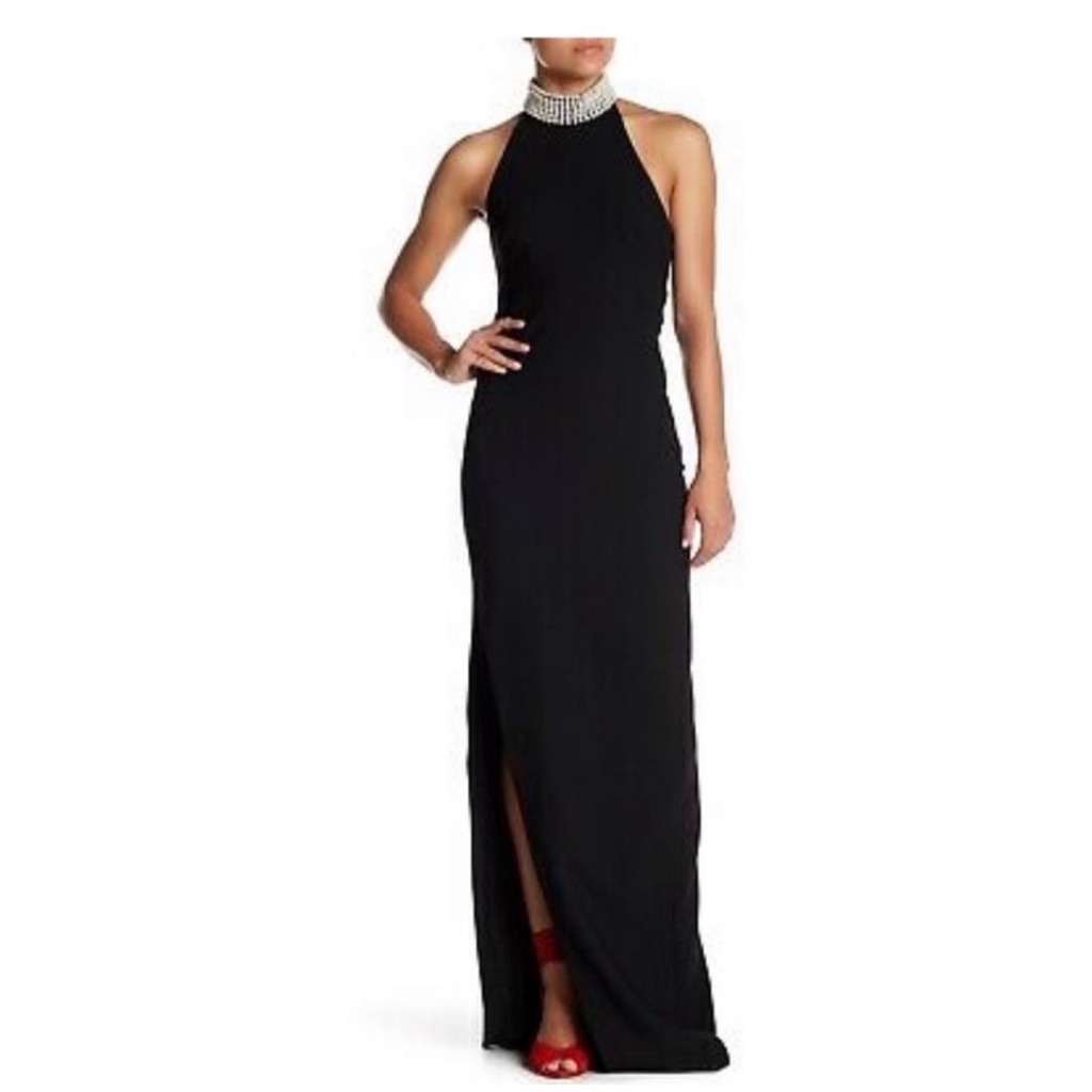Cinq A Sept Black Halter Maxi Dress With Embellished Neck